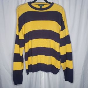 ◇ RAG Crew Neck Block Striped Sweater Long-sleeved Size Medium Yellow and Blue